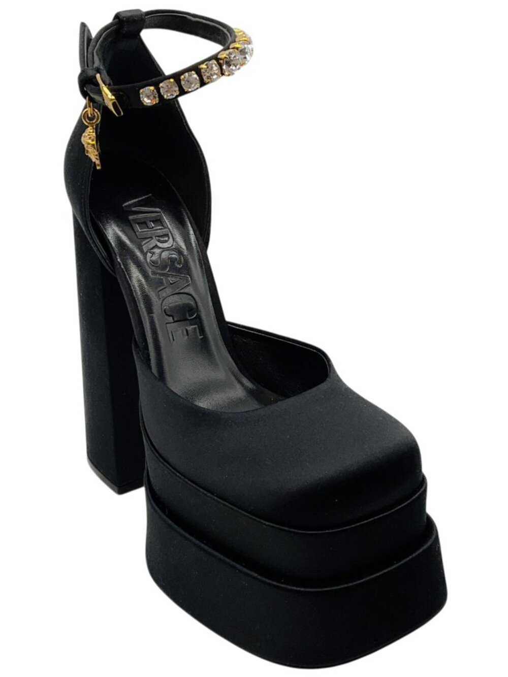 Versace Black Satin Medusa Aevitas Platform Pumps
